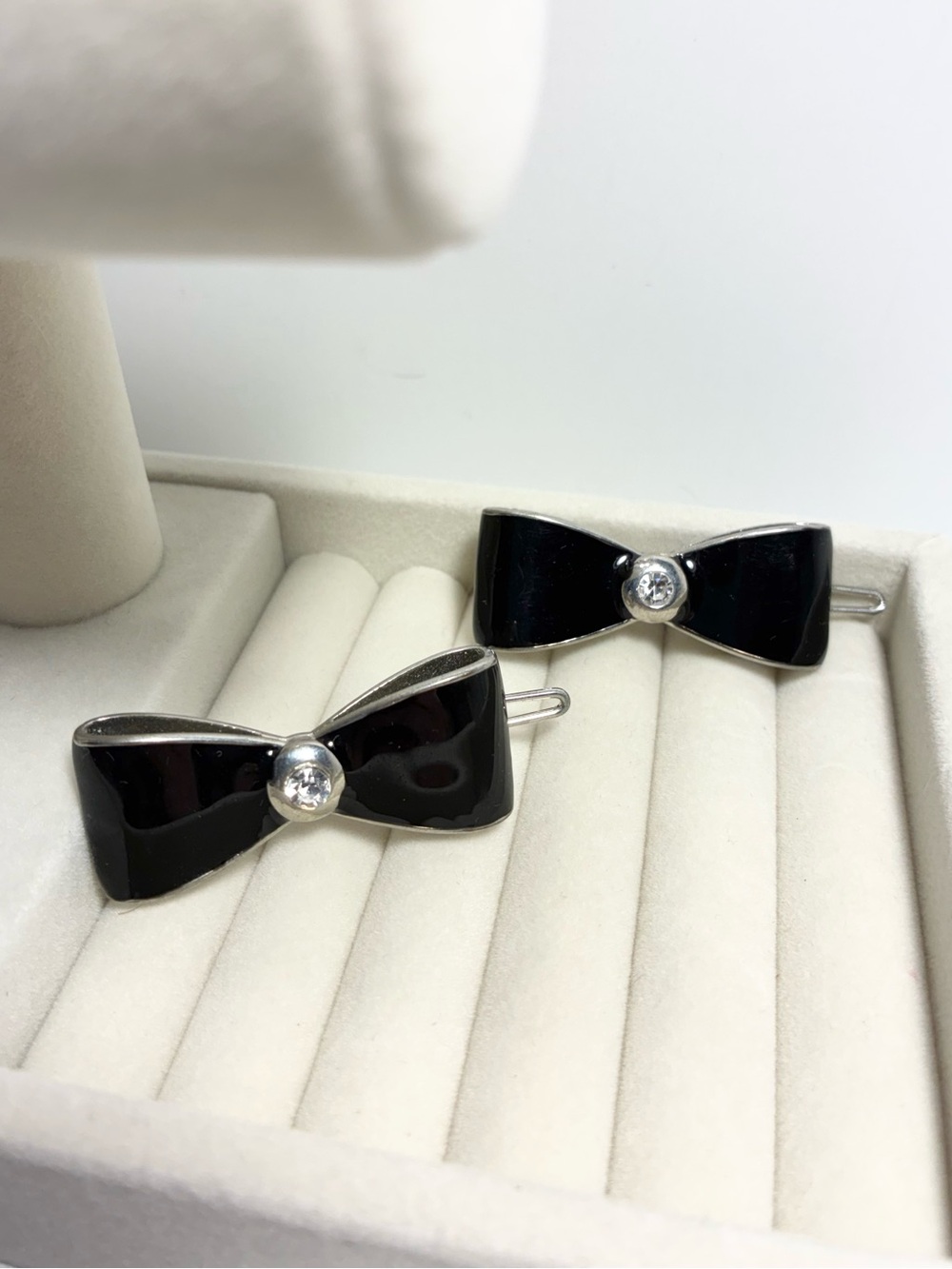 Vintage Black Enamel Rhinestone Bow Hair Barrette Pair Silver Metal